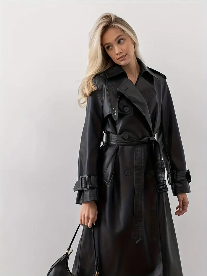 Dam Trenchcoat i Läderlook med Bälte och Långa Ärmar