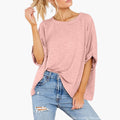 Kvinnors Oversized Crew Neck T-shirt med Rullade Ärmar