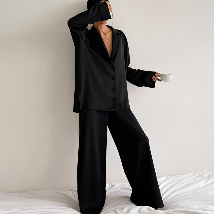 Dam Loungewearset med Knappskjorta och Vida Byxor