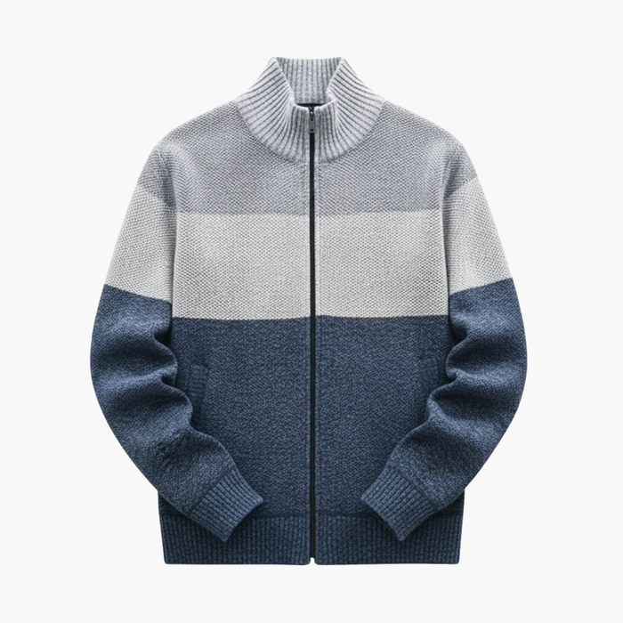 Herr Zip Cardigan med Hög Krage och Färgblockdesign