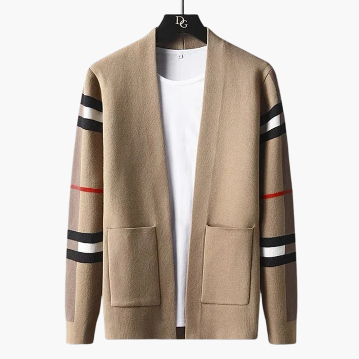 Herrcardigan med randiga ärmar och framfickor