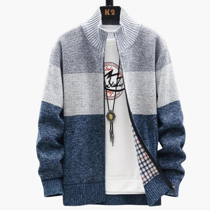 Mäns Stickad Zip Cardigan med Hög Krage och Ribbad Söm