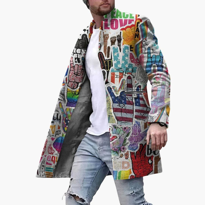 Herrens Långa Grafiska Kappa med Öppen Framsida