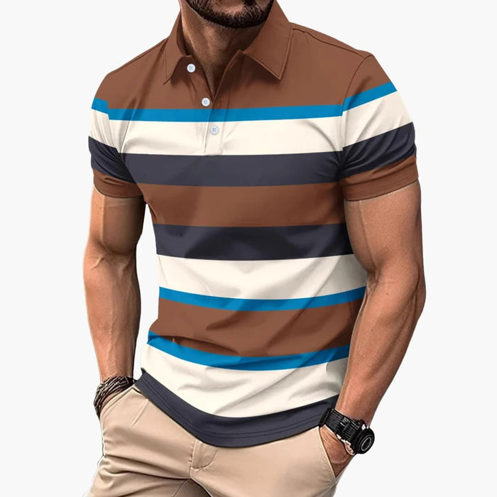 Herrarsrandig V-ringad polo T-shirt med knappslå