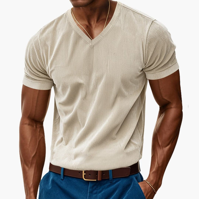Herr V-ringad T-shirt med Texturerad Yta – Kortärmad Topp