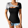 Kvinnors asymmetriska halskontrastpanel kortärmad T-shirt