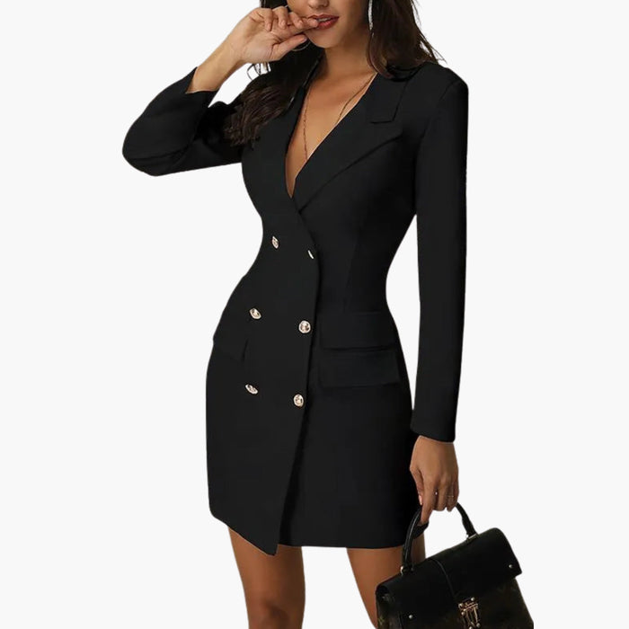Kvinnors Blazer Klänning med Dubbelknapp Framsidan och Kragar