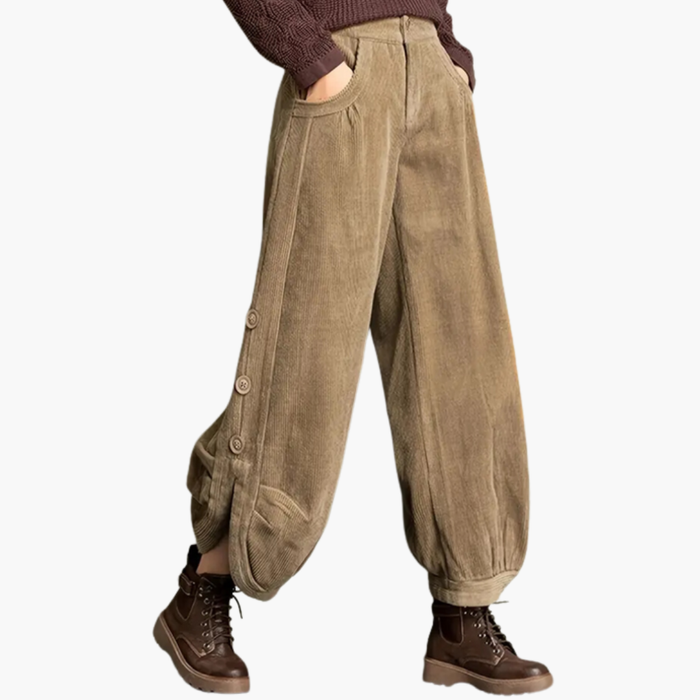 Kvinnors Corduroy Byxor med Sidofickor och Knäppärmar