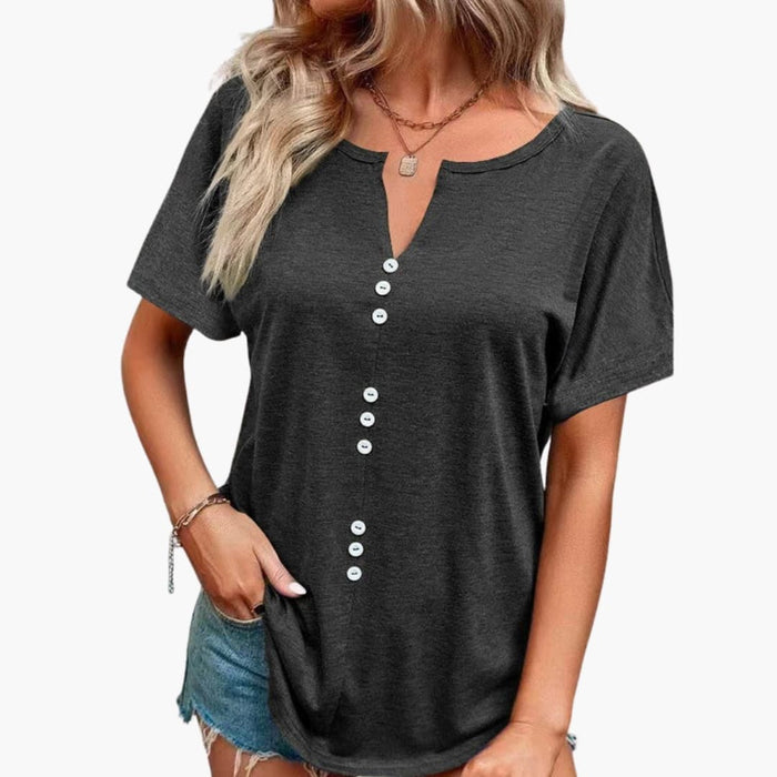 Kvinnors T-shirt med rund hals och knapplist, kort ärm