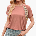 Kvinnors Crew Neck Leopardtryck Panel Kortärmad T-shirt
