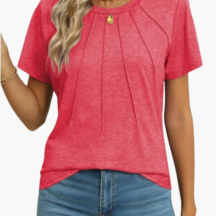 Kvinnors T-shirt med rundad halsringning och veckad framsida, kort ärm
