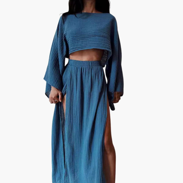 Kvinnors Cropped Top och Slits Maxi Kjol Set – Tvådelad Outfit