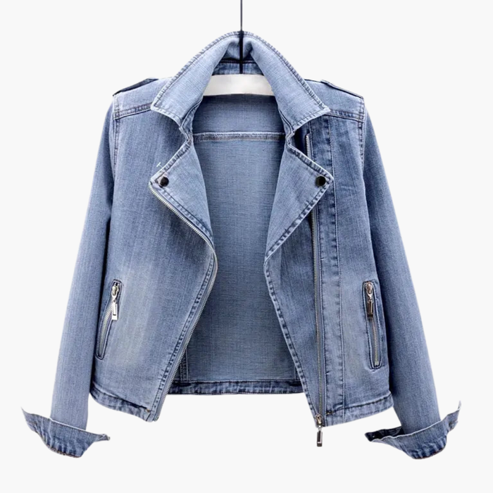 Kvinnors Denimjacka med Reverskrage och Dragkedjefickor