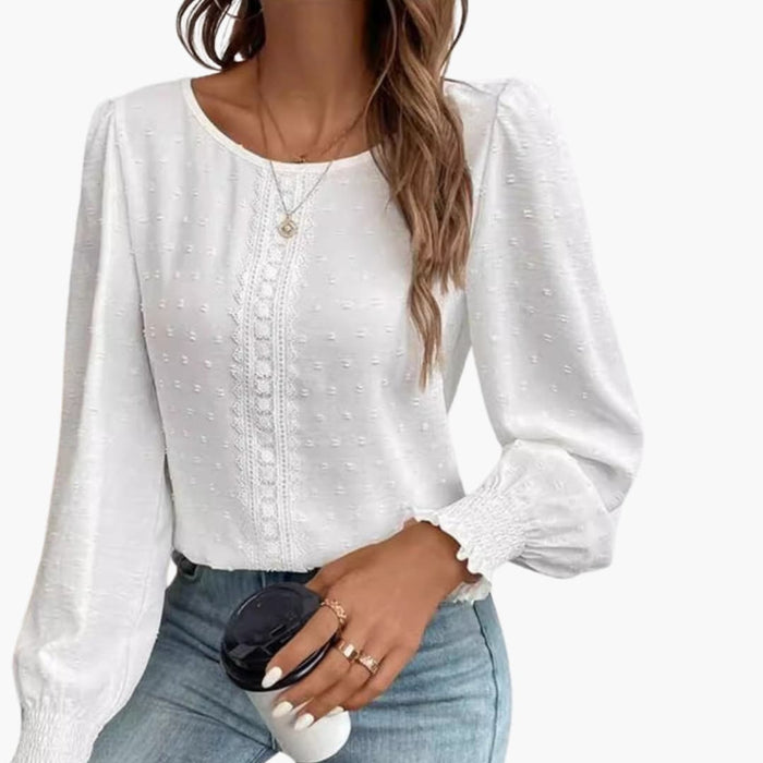 Kvinnors Broderad Crew Neck Blus – Långärmad Löst Passande Vevd Topp med Elastiska Manschetter