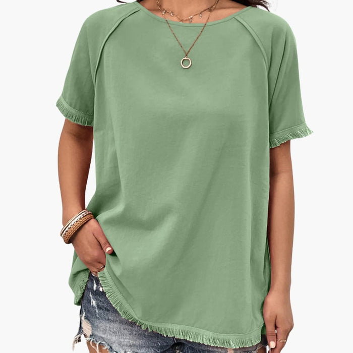 Kvinnors Fringed Ärms Crew Neck T-Shirt – Kortärmad Topp