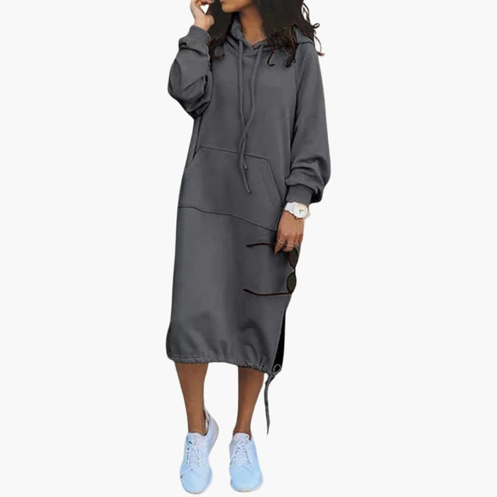 Kvinnors Hoodie Klänning med Känguruficka och Dragsko Nederkant