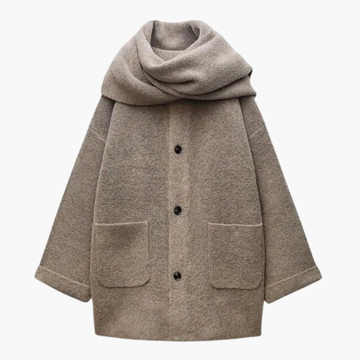 Kvinnors Stickad Cardigan med Knappar och Fastsydd Scarf