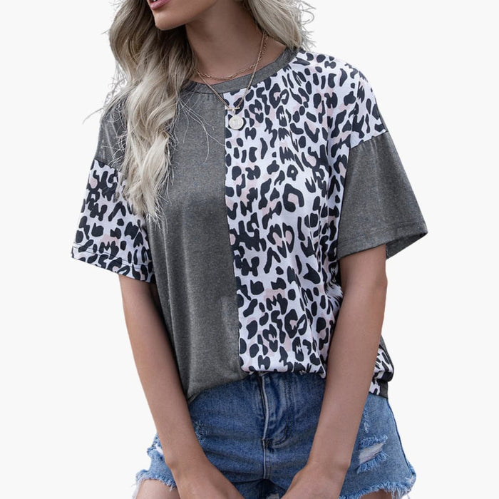 Kvinnors kortärmad t-shirt med leopardmönster – Rundhalsad topp