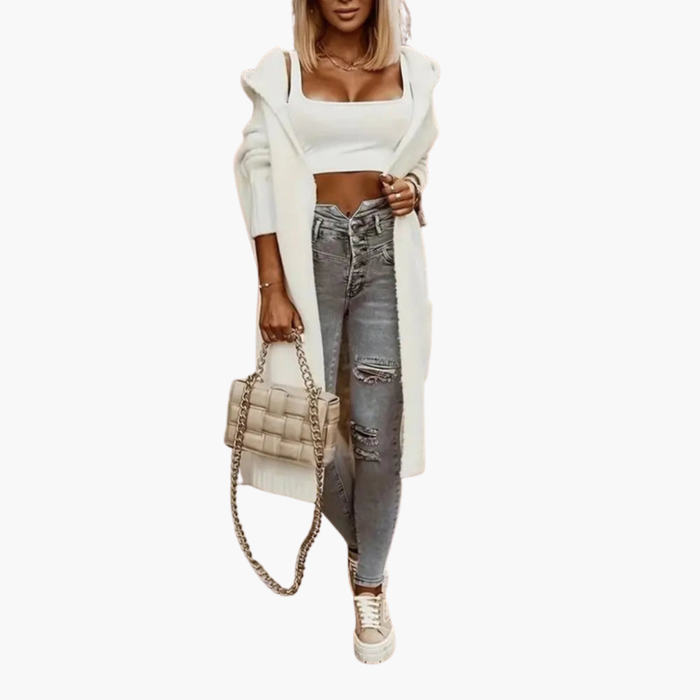 Kvinnors Lång Hooded Stickad Cardigan med Öppen Framsida och Sidofickor