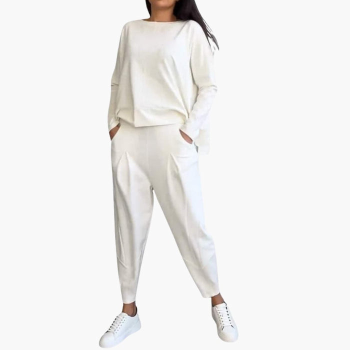 Kvinnors långärmad tvådelad outfitset – Rundhalsad topp och hel längd byxor
