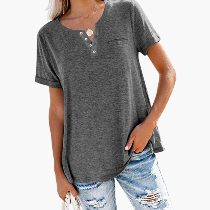 Kvinnors Loose Fit T-shirt med Knappdetalj
