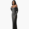Kvinnors Off Shoulder Glitter Maxi Klänning med Hög Midja Sömn och Rak Söm