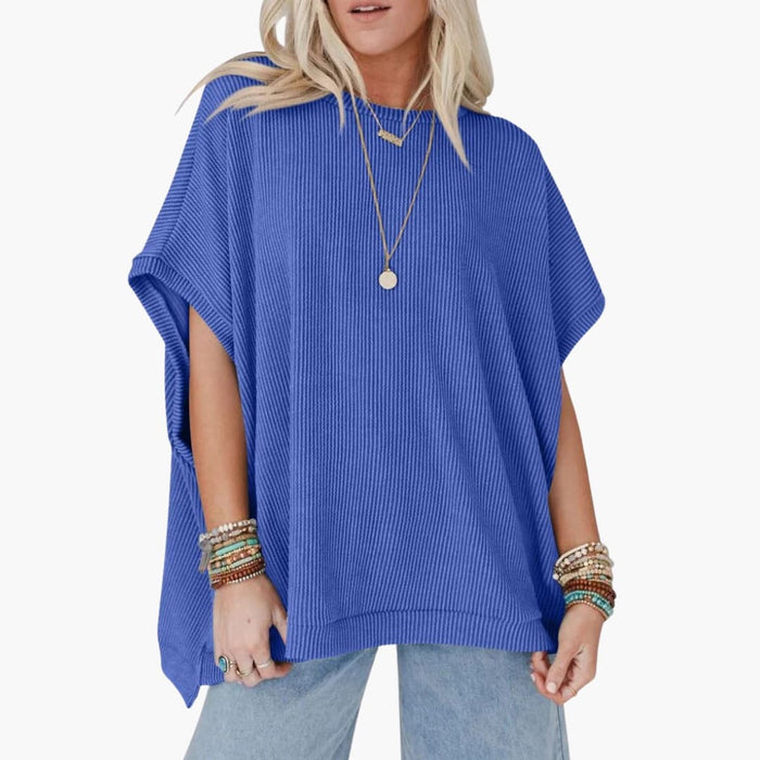 Kvinnors Oversized Ribbad Crew Neck Kortärmad T-shirt