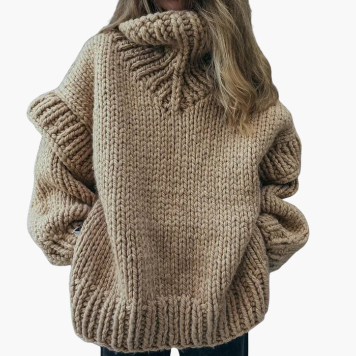 Kvinnors Oversized Turtleneck Tröja med Ribbad Stickning och Långa Ärmar