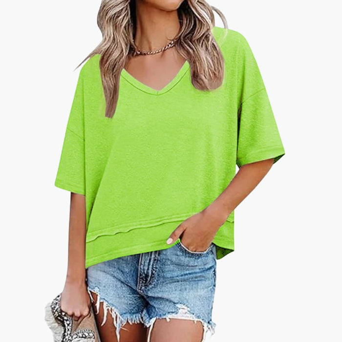 Kvinnors Oversized V-ringad T-shirt med Droppande Axlar och Korta Ärmar