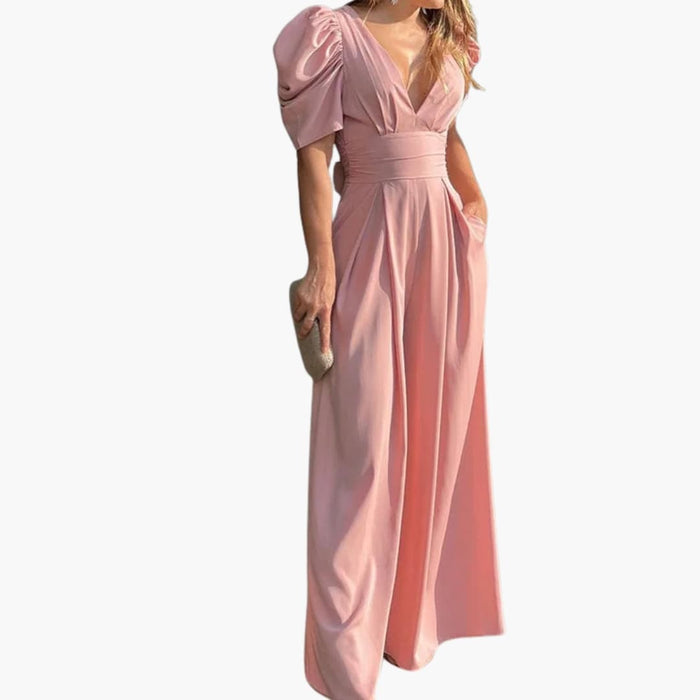 Kvinnors Puffärmad Jumpsuit med Dragkedja Bak