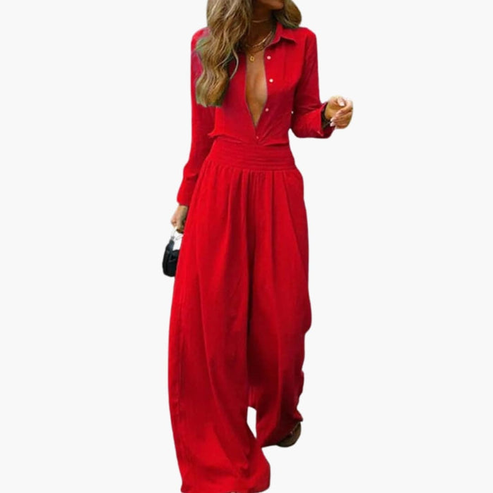 Kvinnors Byxdress med Skjortkrage, Elastisk Midja och Vida Ben