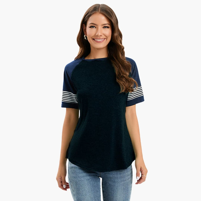 Kvinnors randiga raglan T-shirt med kontrastkortärmar