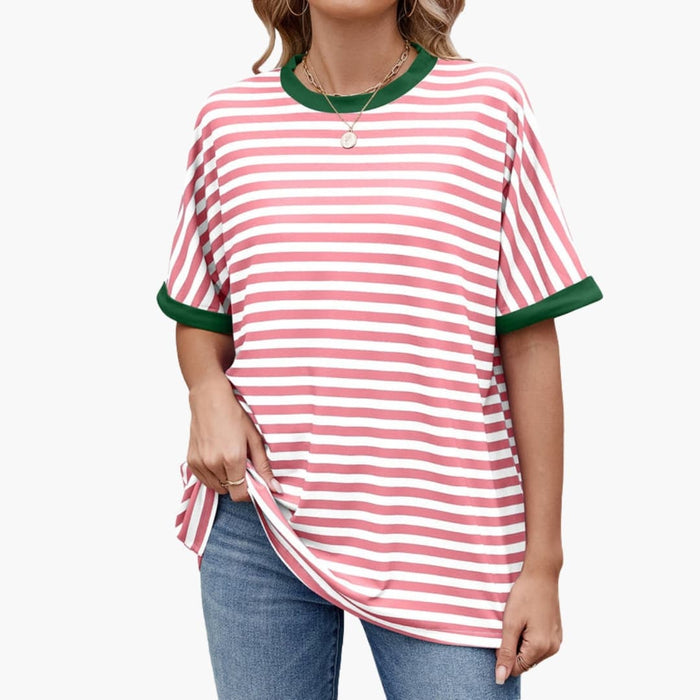 Kvinnors Randig T-Shirt med Kontrastmönster och Korta Ärmar