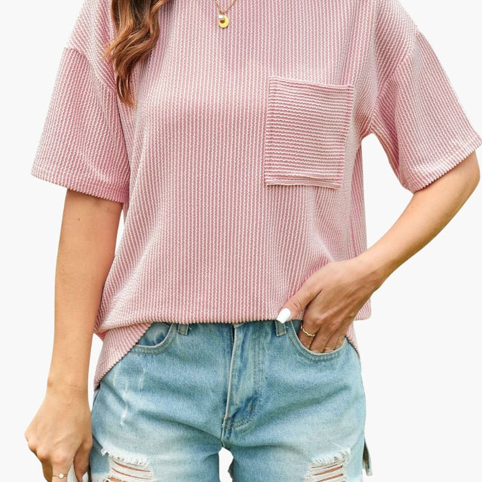 Kvinnors Texturerad T-shirt med Korta Ärmar och Framficka