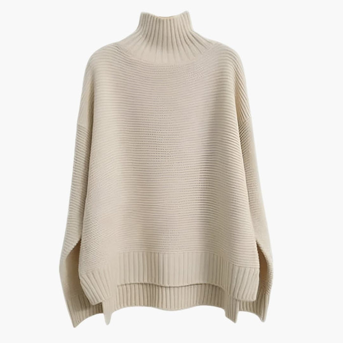 Kvinnors Turtleneck Stickad Tröja med Ribbad Yta och Avslappnad Söm
