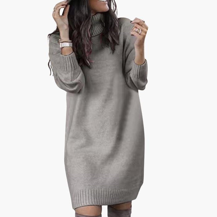 Kvinnors Turtleneck Klänning med Långa Ärmar och Ribbad Kant