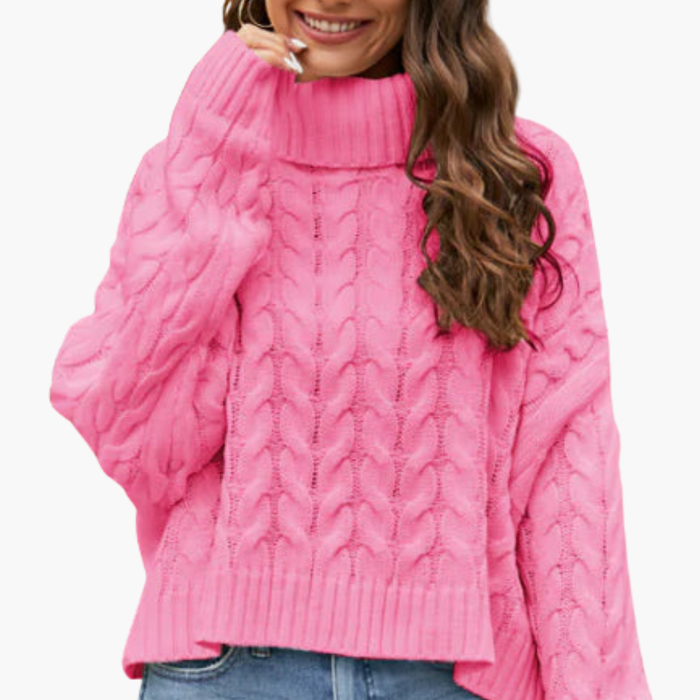 Kvinnors Turtleneck Tröja med Kabelstickad Mönster och Långa Ärmar