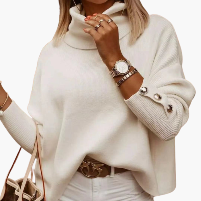 Kvinnors Turtleneck Tröja med Dekorativa Ärmbutiker och Långa Ärmar