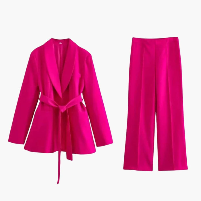 Kvinnors Tvådelade Blazer och Slim Pants Set – Blazer med Knäppning Fram och Raka Byxor
