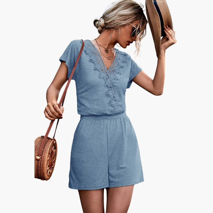 Kvinnors V-ringad Jumpsuit med Virkad Applikation – Kortsleeve Enstycke