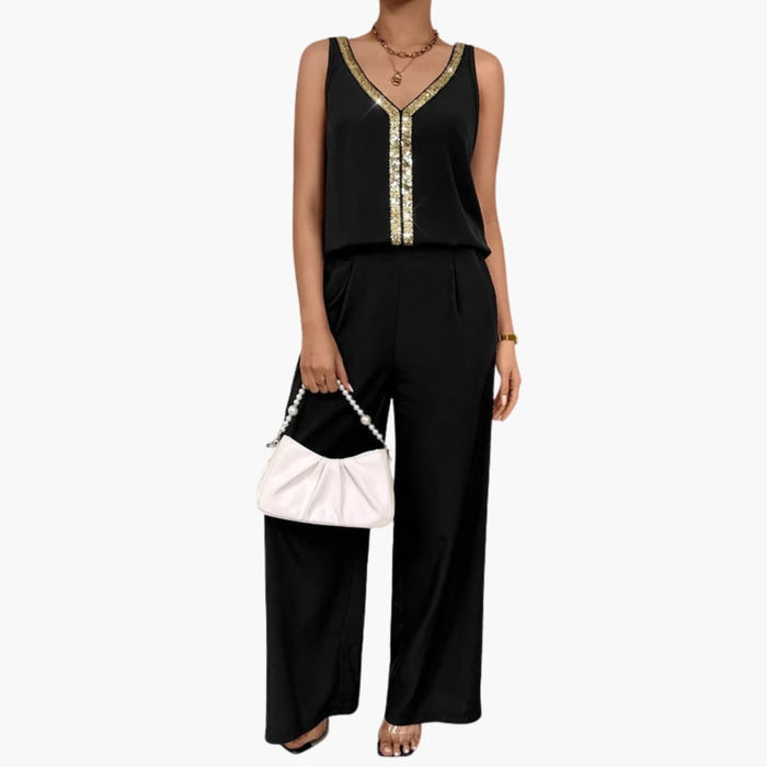 Kvinnors V-ringad Jumpsuit med Dekorativ Detalj