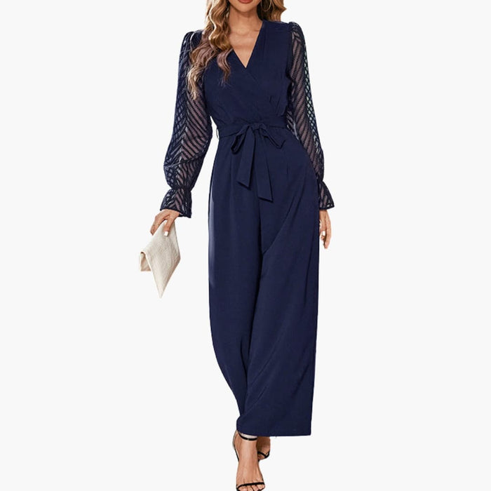 Kvinnors V-ringad Jumpsuit med Genomskinliga Ärmar och Bälte – Knälång Enstyck