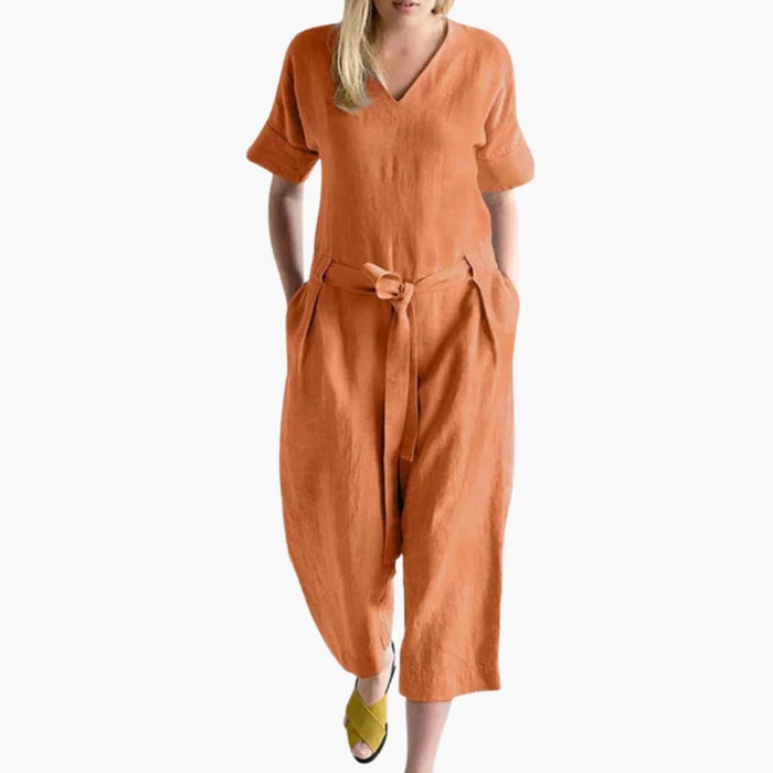 Kvinnors V-ringad Jumpsuit med Midjeband och Korta Ärmar