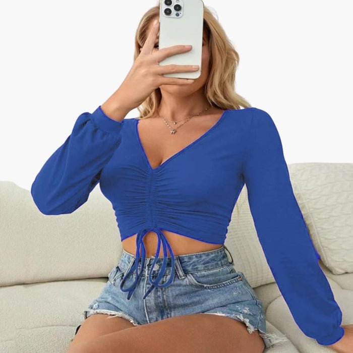 Kvinnors V-ringad Rynkad Långärmad Cropped Top