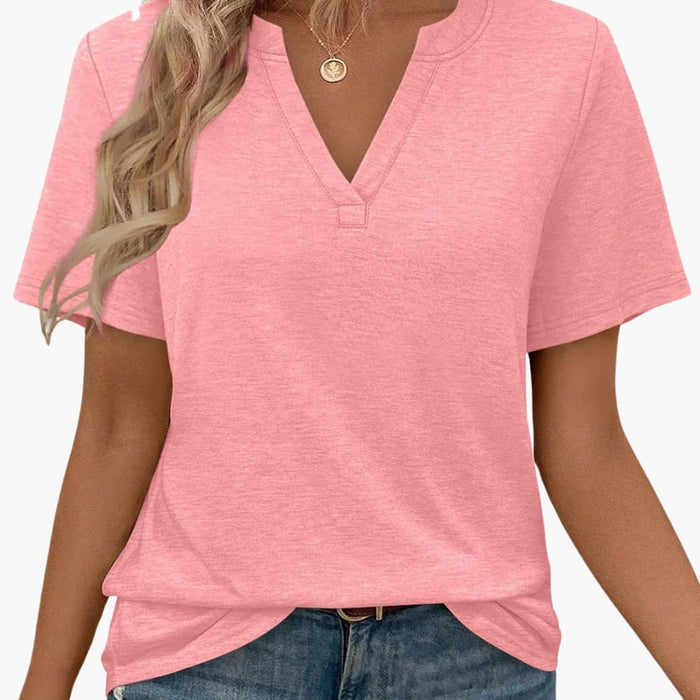 Kvinnors V-ringad kortärmad T-shirt – Enfärgad topp