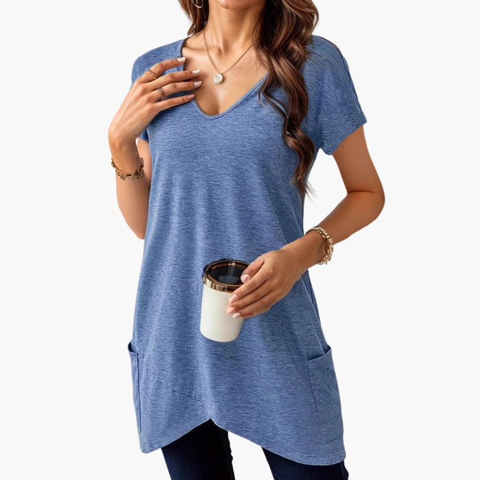 Kvinnors V-ringad T-shirt med sidofickor