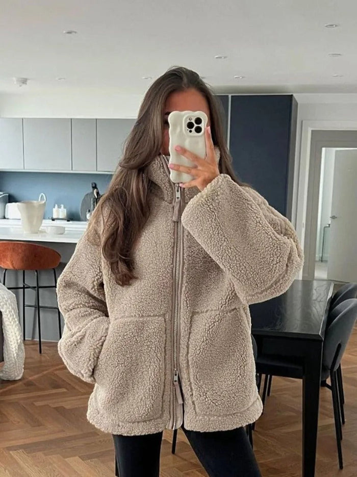 Dam Teddy Jacka med Dragkedja och Huva för Höst och Vinter