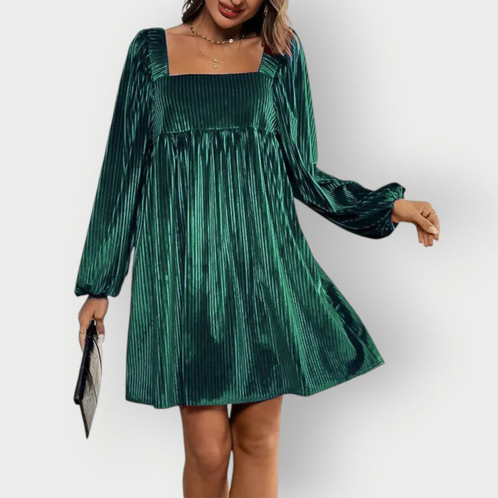 Dam Långärmad Plisserad Minikleid med Fyrkantig Halsringning